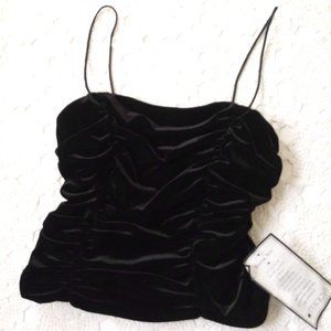 Vtg 90s Y2K Velvet Crop Tank Top Shirt Black Ruched Spaghetti Strap 12 Women